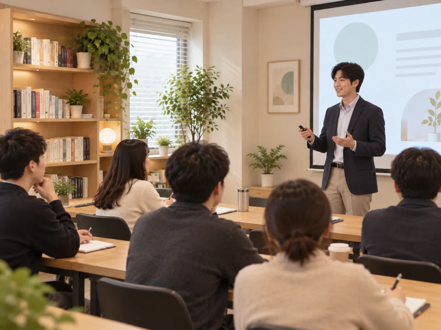 따뜻한 강의실에서 발표자의 설명을 듣는 참여자들