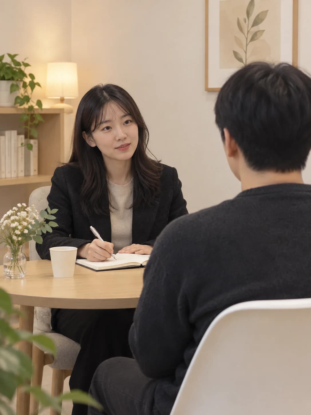 상담실에서 내담자의 이야기를 듣고 기록하는 상담자