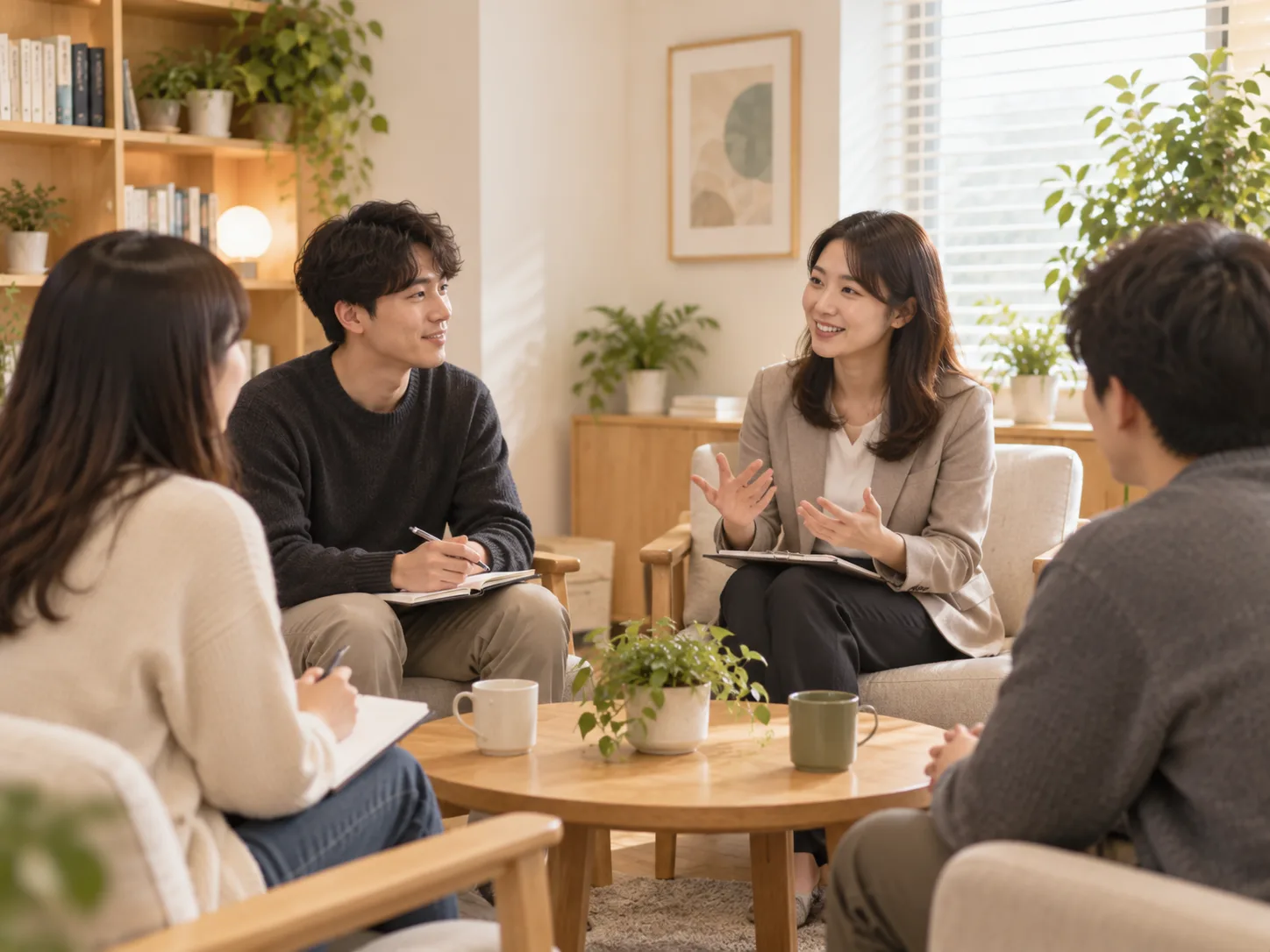 상담자와 함께 대화를 나누는 그룹 참여자들