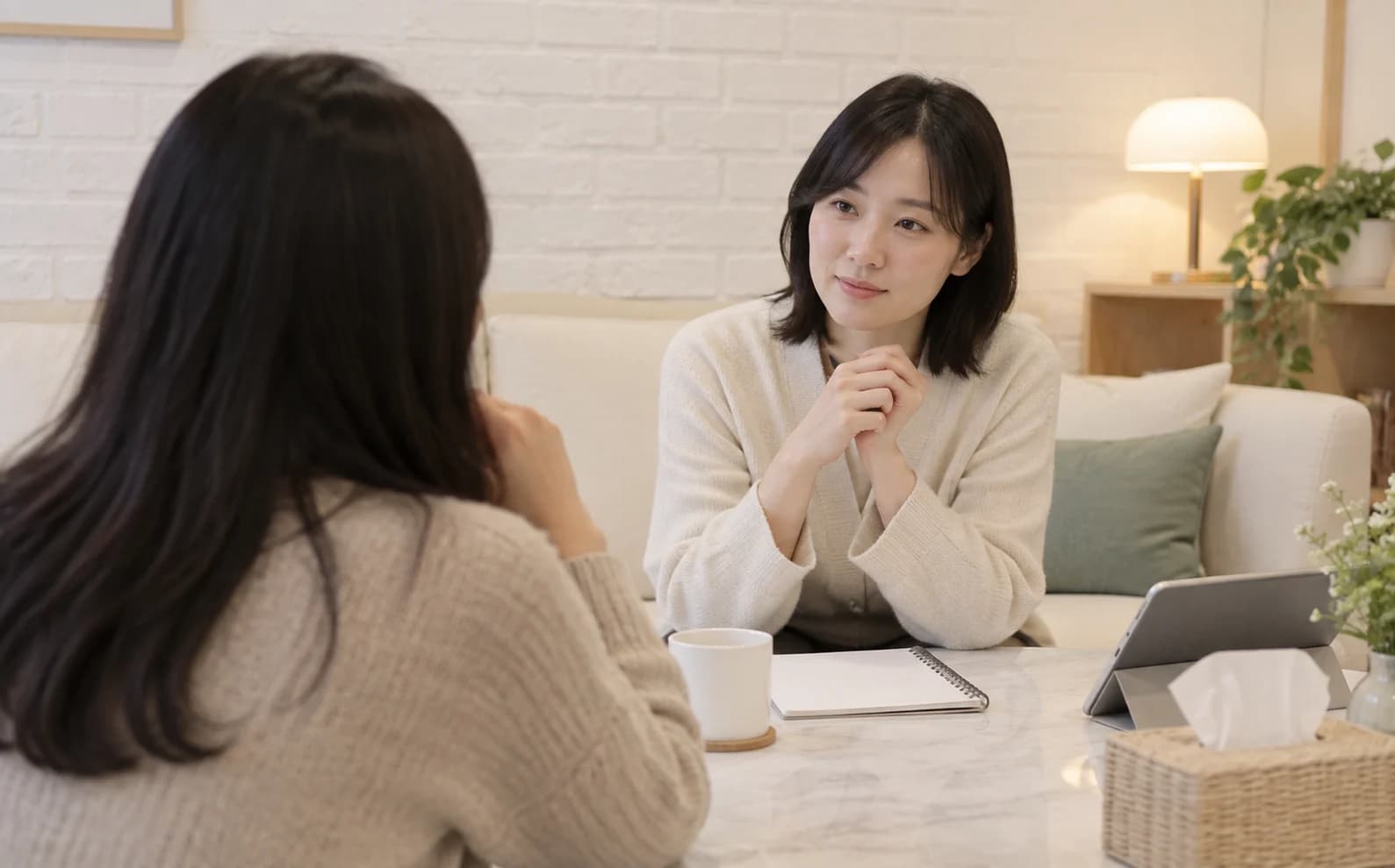 소파 앞 테이블에서 차분히 이야기를 나누는 상담 장면