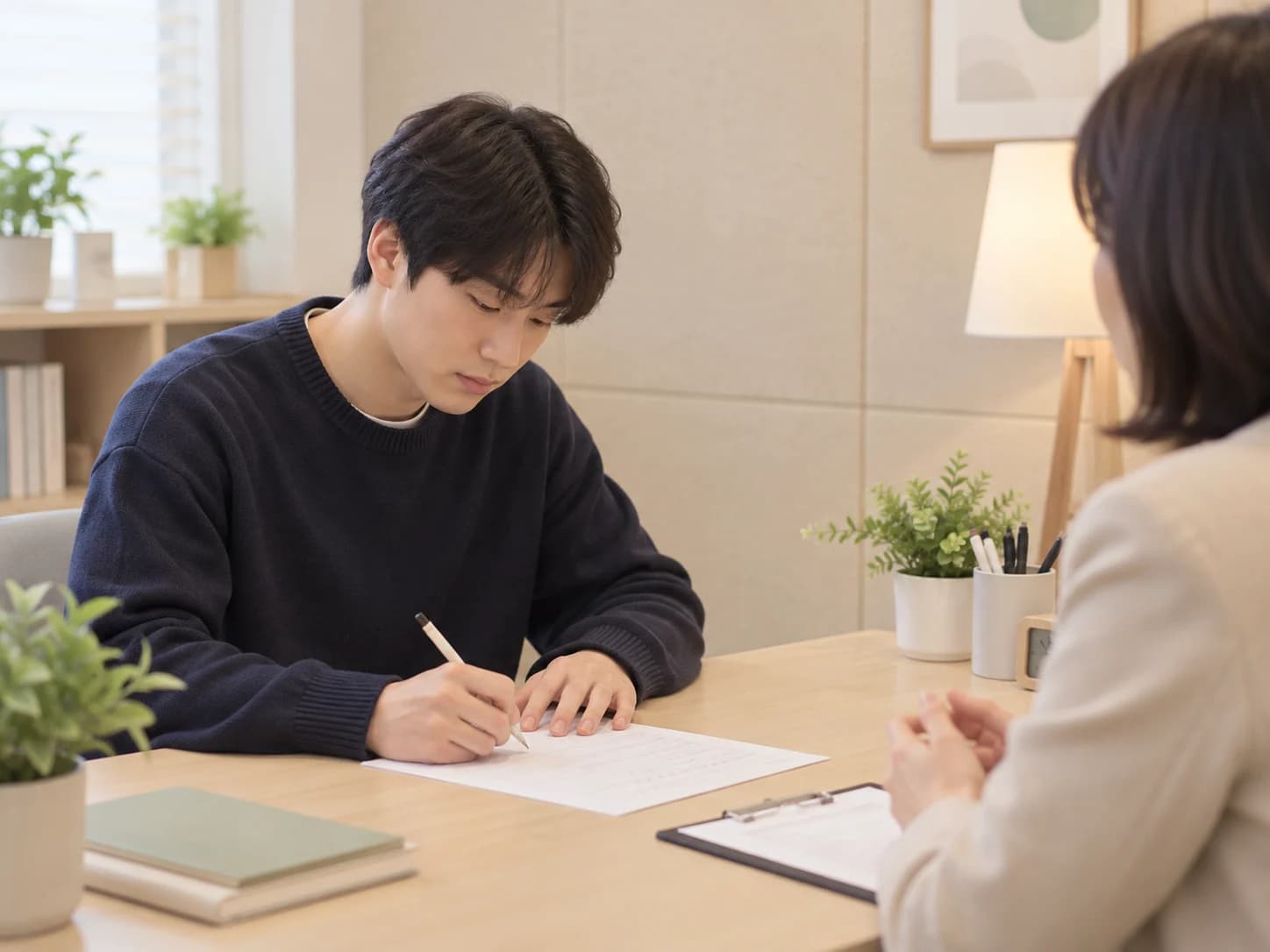 상담실에서 심리검사지를 작성하는 청년
